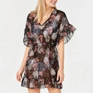 Miken Ruffled Floral Print Swimsuit Cover-up Juniors Size Medium Black Sheer NEW